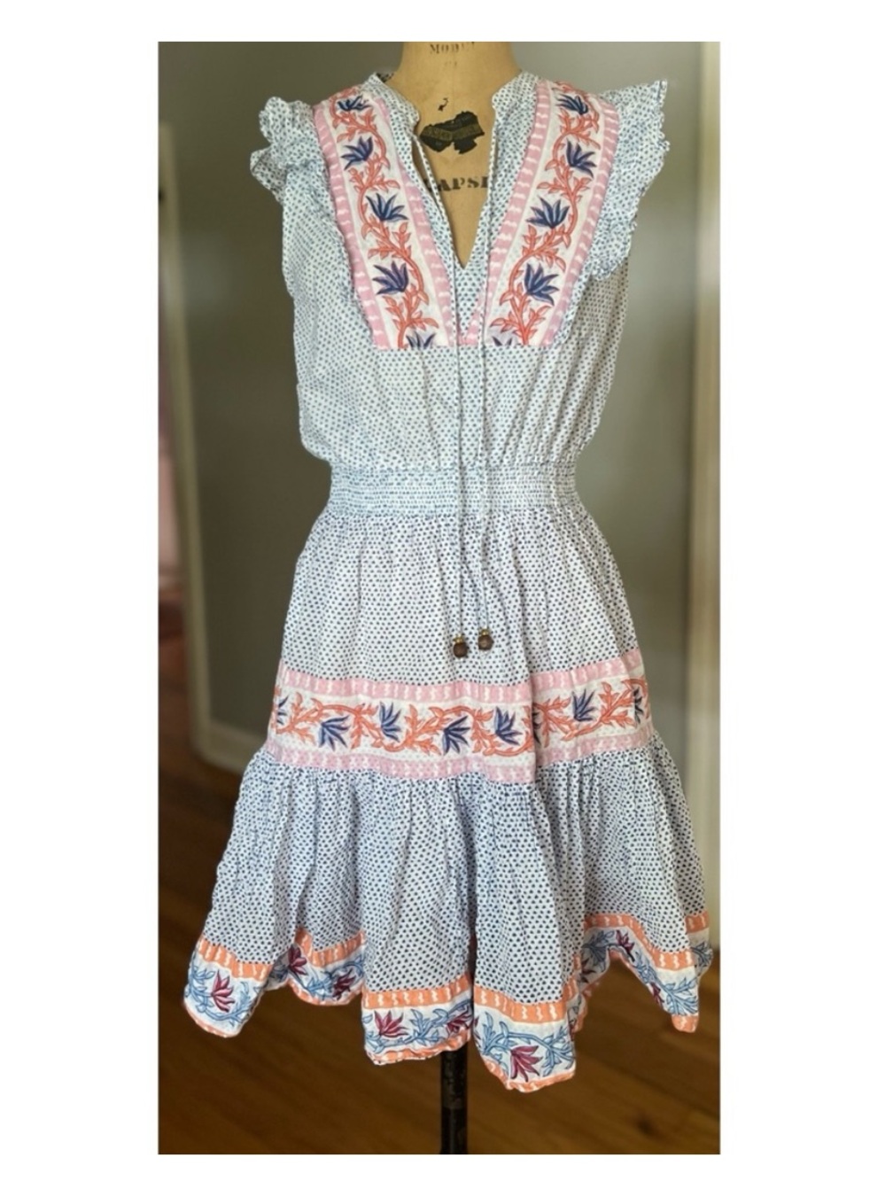 Oliphant Smocked Waist V Neck Ruffle Sleeveless Dress
